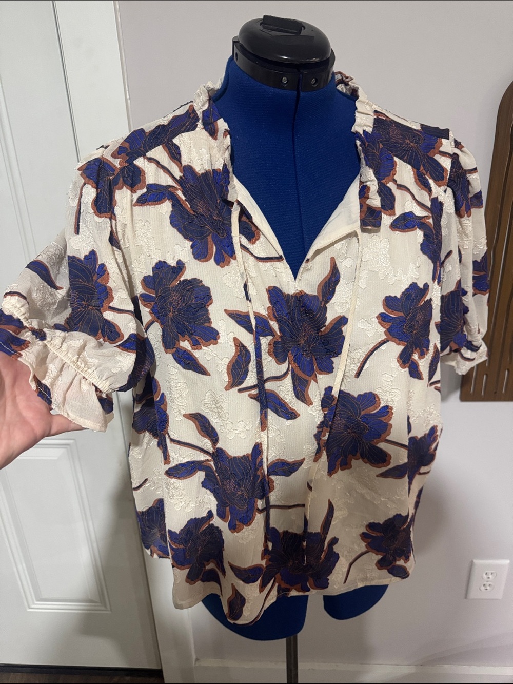Draper James Ivory Top with Blue and Rust Floral Detail